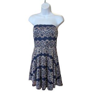 Blue and White Lacy Strapless Dress Size Medium